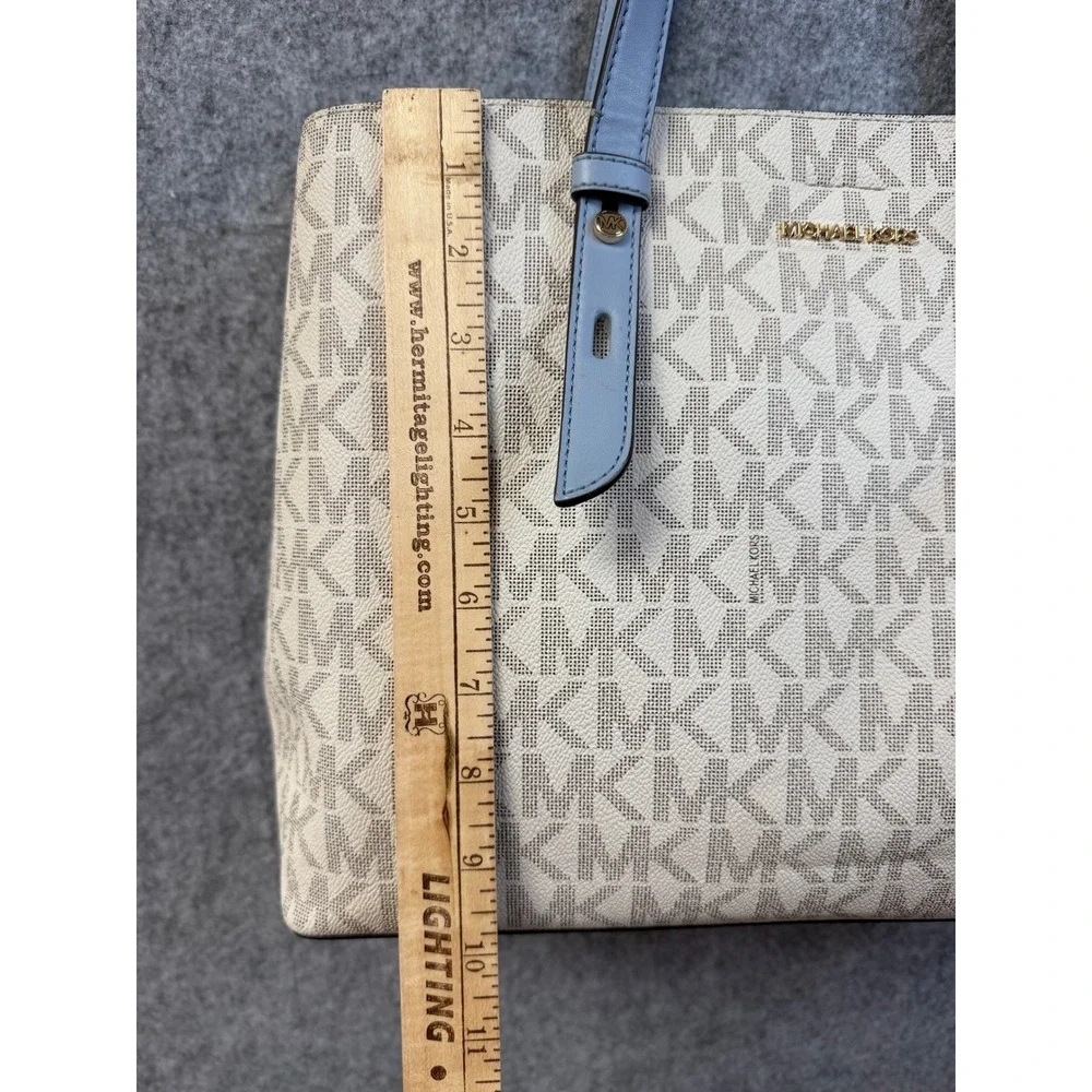 Michael Kors Charlotte Large Tote Bag Signature Logo‎ Cream Blue Gold Hardware